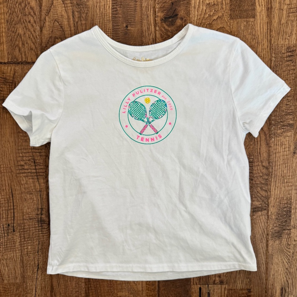Lilly Pulitzer Luxletic Mini Rally Tee Holding Court Tennis Shirt Girls L 8 10 D